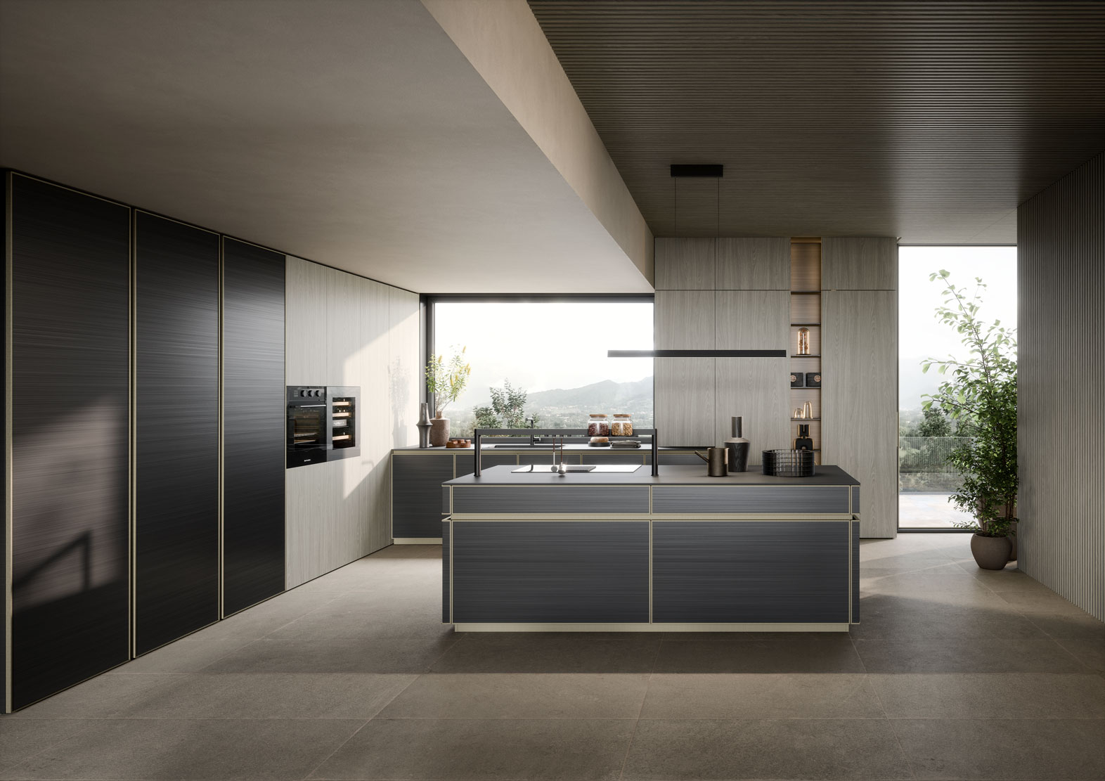 Cucina moderna con telaietto in alluminio bronzato